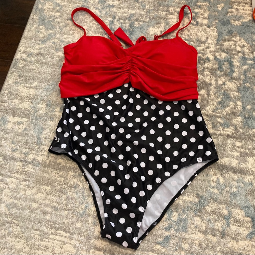 One piece bathing suit women’s Minnie Disney inspired red polka dot black white